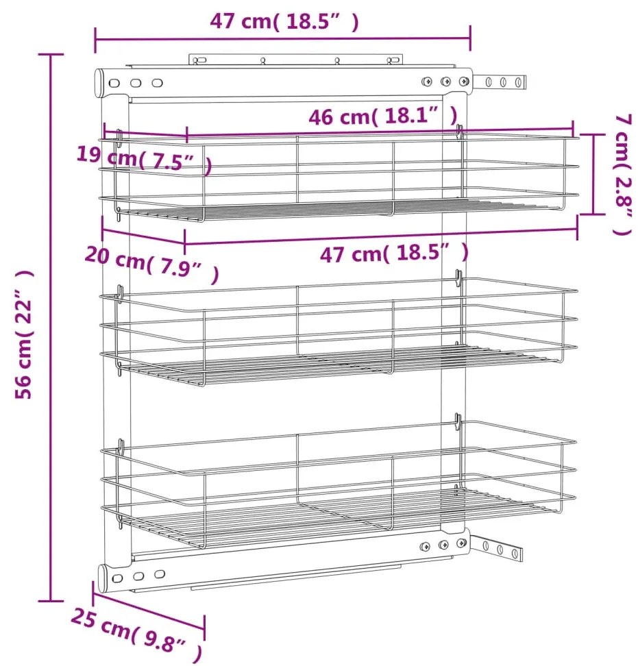 Unidade cestos arame para cozinha 3 pcs 47x25x56 cm prateado