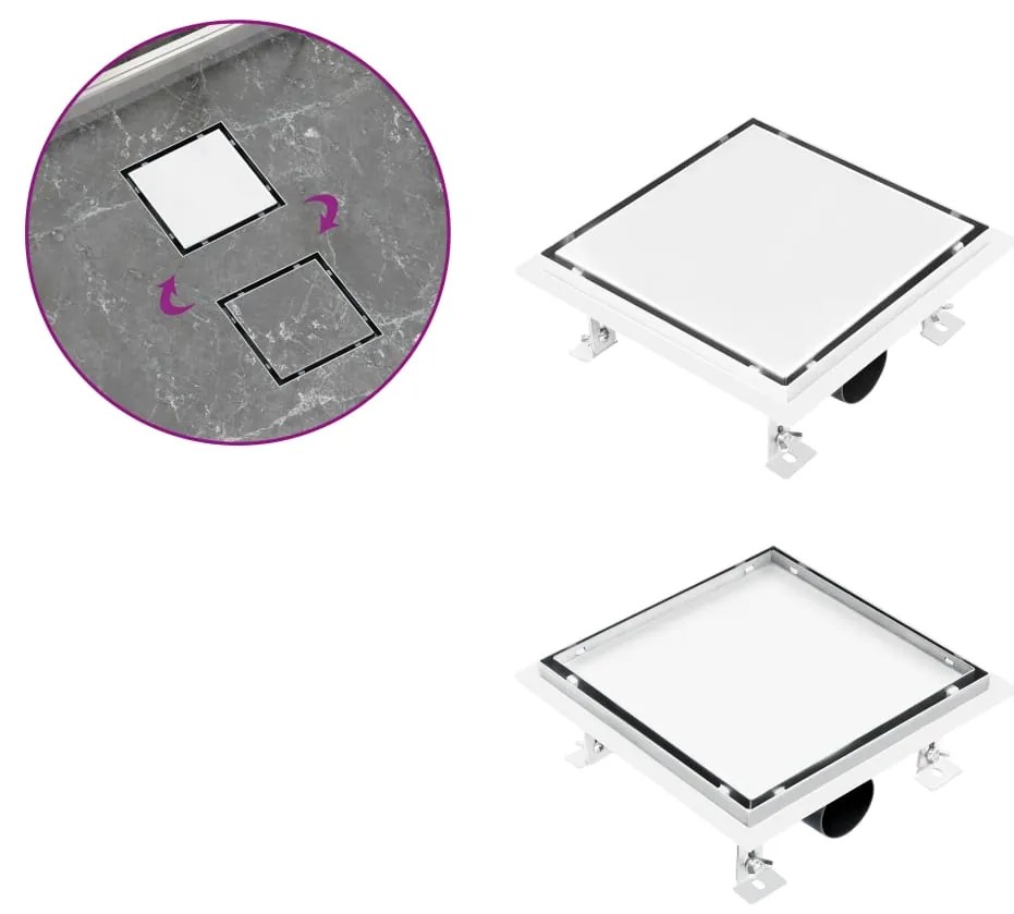 vidaXL Ralo chuveiro tampa plana/inserção ladrilho 23x23 cm aço inox.