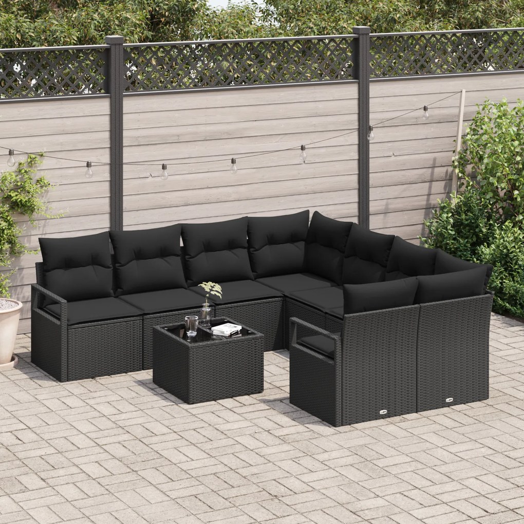 Conjunto de Sofás de Jardim vidaXL de 9 Peças com Almofadas Preto Ratt