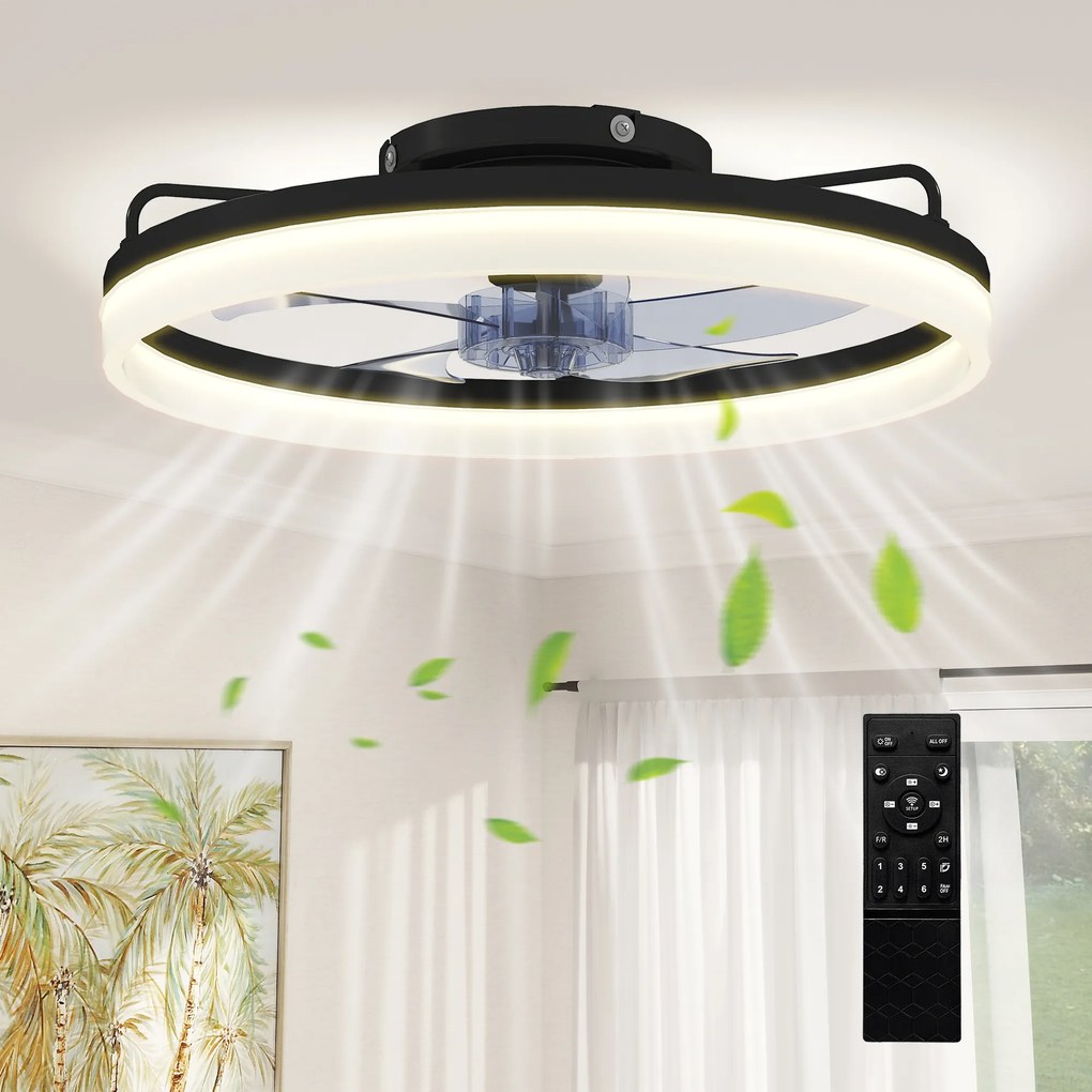Ventoinha de Teto com Luz LED 40 W Motor DC Reversível Comando Remoto 6 Velocidades 3 Cores Temporizador Preto