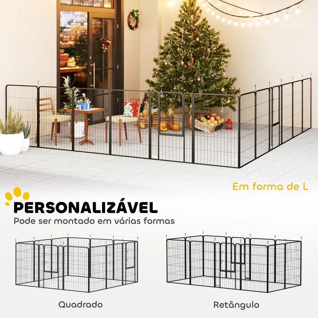 Parque para Cães de 12 Painéis 68x100 cm (CASOTA NÃO INCLUIDA) Parque Dobrável para Cães Médios com Portas Fecho e Estacas Preto