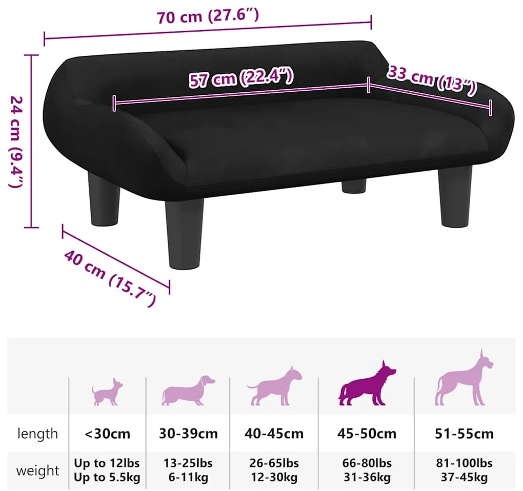 Cama para cães 70x40x24 cm veludo preto