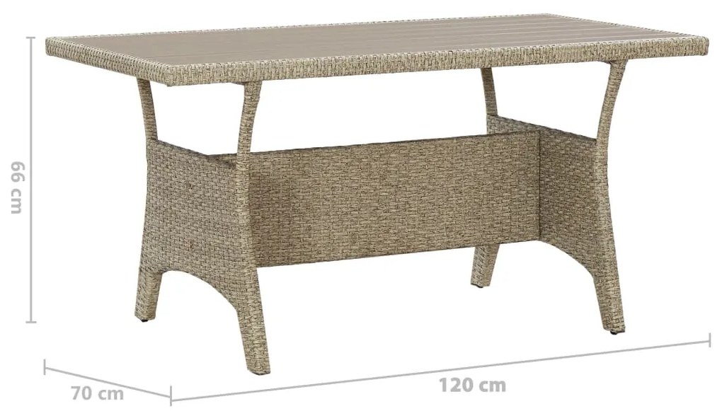 Mesa de jardim 120x70x66 cm vime PE cinzento