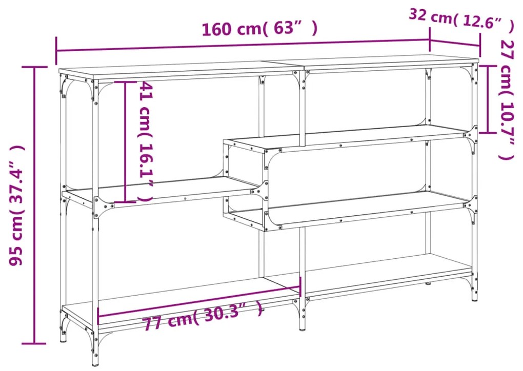 Mesa consola 160x32x95 cm derivados madeira carvalho castanho