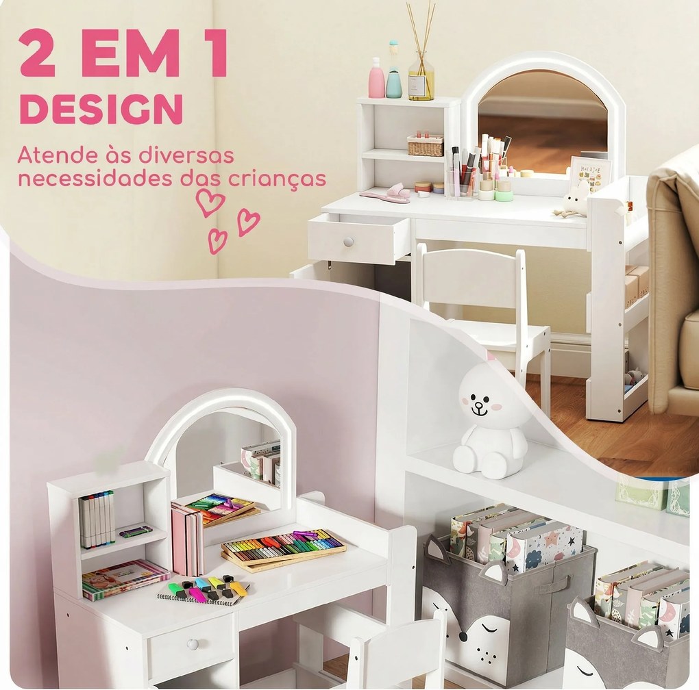 Toucador Infantil com Banqueta e Espelho com Luzes LED 1 Gaveta, Armário e 5 Prateleiras Branco