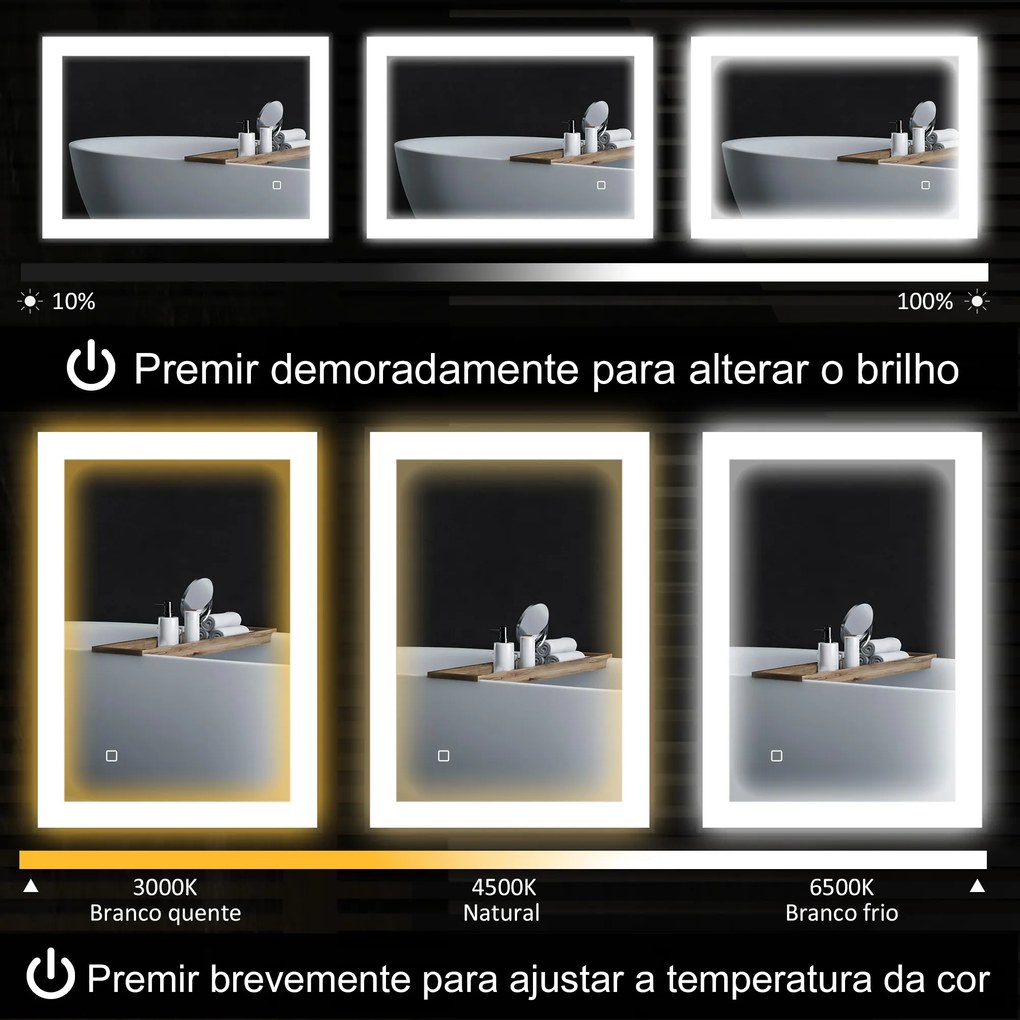 Espelho Casa de Banho com Luz LED 70x50 cm Iluminação Ajustável Função Anti-Embaciamento Função Memória Preto