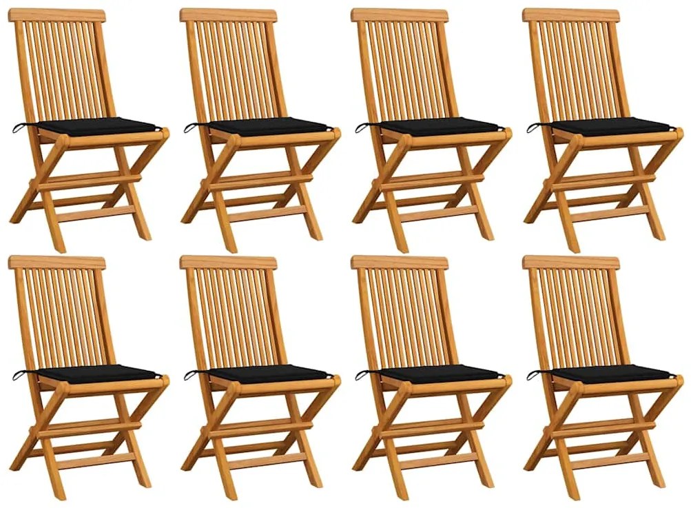 vidaXL Cadeiras de jardim c/ almofadões pretos 8 pcs teca maciça