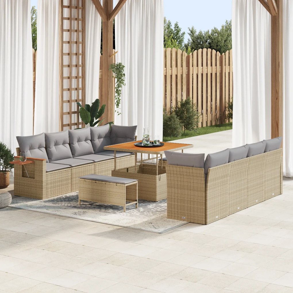 Conjunto de Sofá de Jardim vidaXL com Almofadas Bege Rattan Poliéster