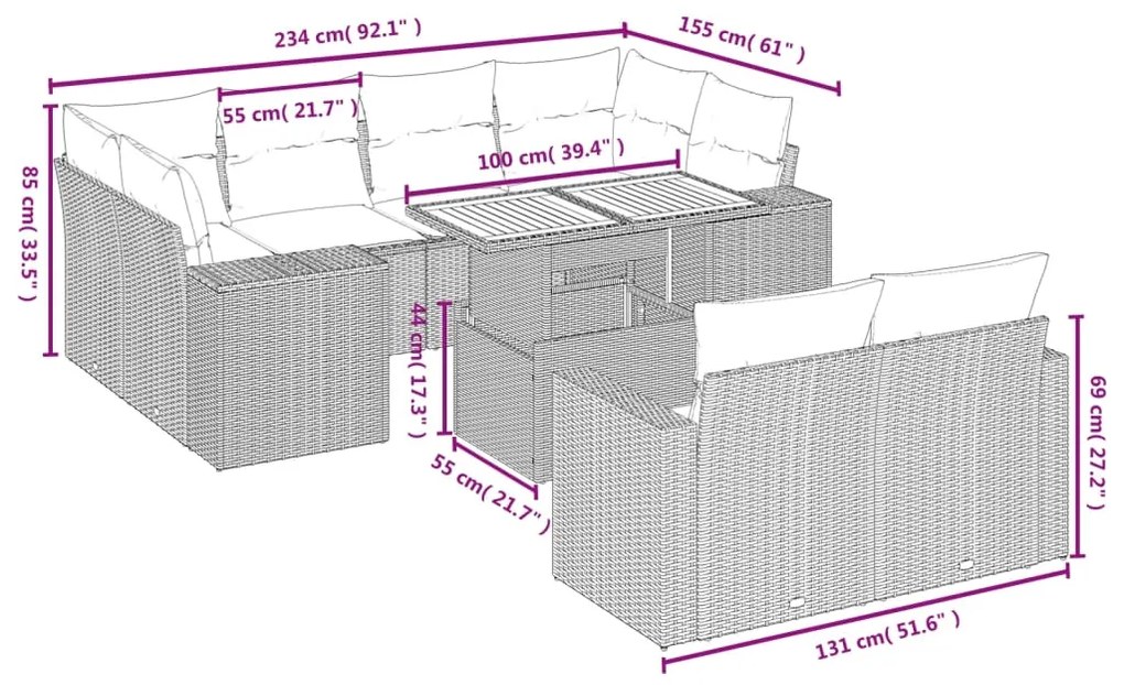 11 pcs conjunto sofás de jardim c/ almofadões vime PE cinzento