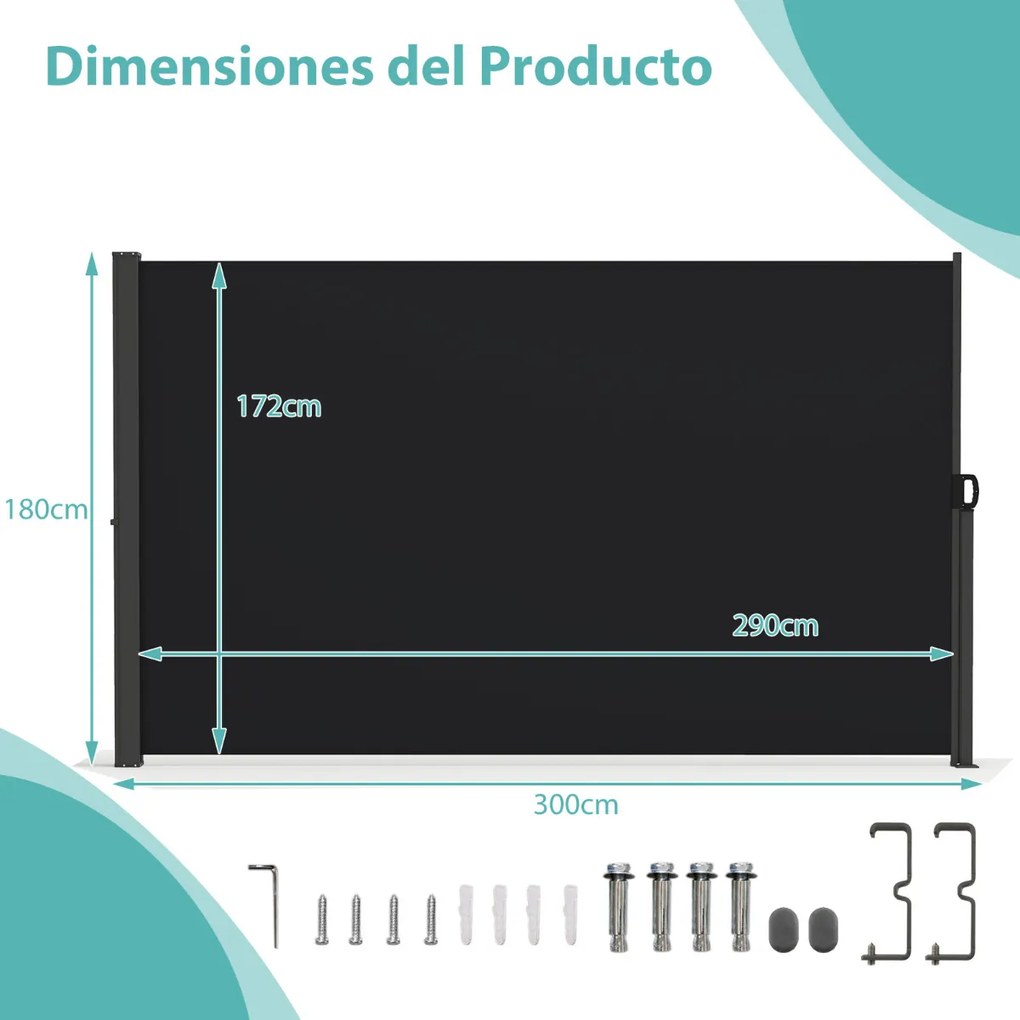 Toldo lateral retrátil para jardim 300 x 180 cm de privacidade para exterior enrolável e dobrável Preto