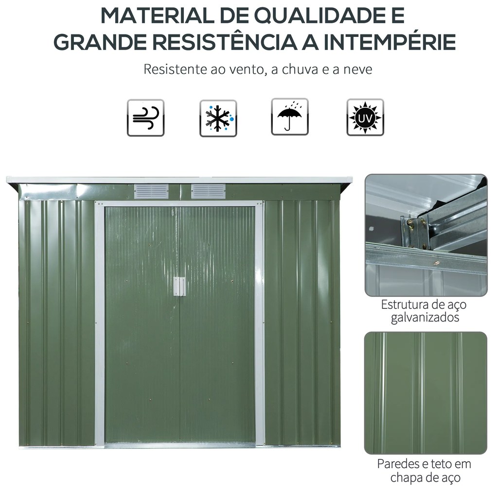 Abrigo de Jardim 213x130x173cm Abrigo de Exterior de Aço Galvanizado com Porta Corredeira e Ventilações para Armazenamento de Ferramentas Verde