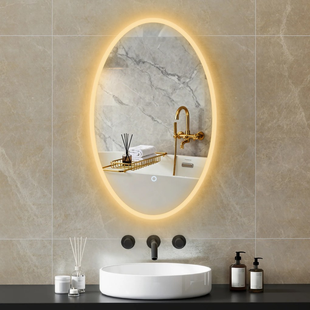 Espelho de casa de banho com iluminação, 80 x 50 cm, espelho LED oval, antiembaciamento, 3 cores de luz, intensidade regulável, transparente
