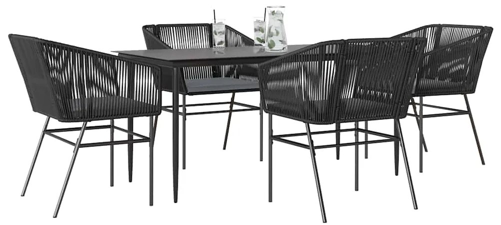 Conjunto de jantar jardim 5 peças almofadas vidro vime PE preto