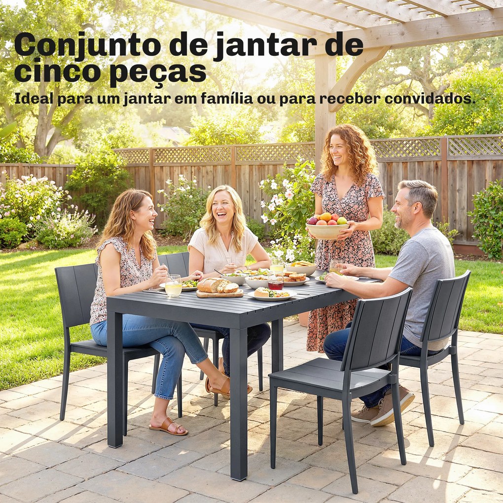 Conjunto de Mesa e Cadeiras de Jardim com Mesa de Ripas e 4 Cadeiras Empilháveis para Terraço ou Pátio Cinza