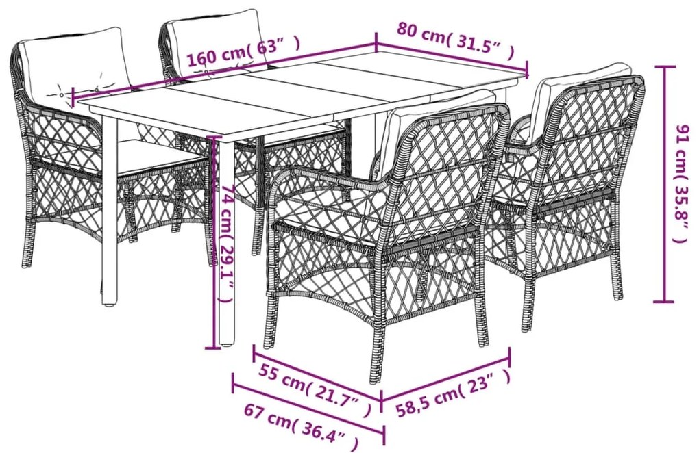 5 pcs conjunto jantar p/ jardim c/ almofadões vime PE castanho