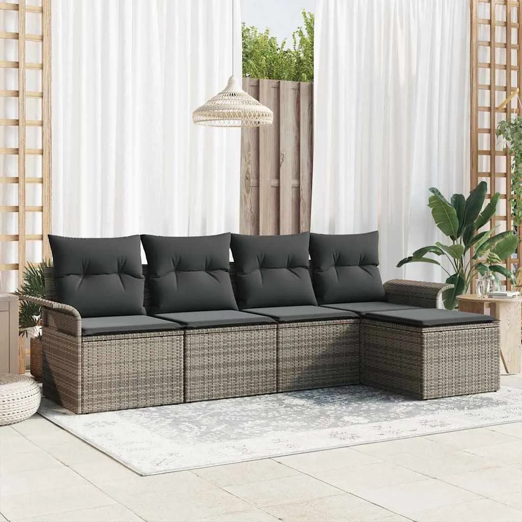 vidaXL Conjunto de Sofá de Jardim de 5 Peças com Almofadas Cinza em Rattan Sintético