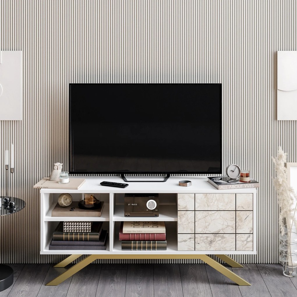 Móvel TV North – Branco e Dourado – 130 cm x 38,6 cm x 58,6 cm