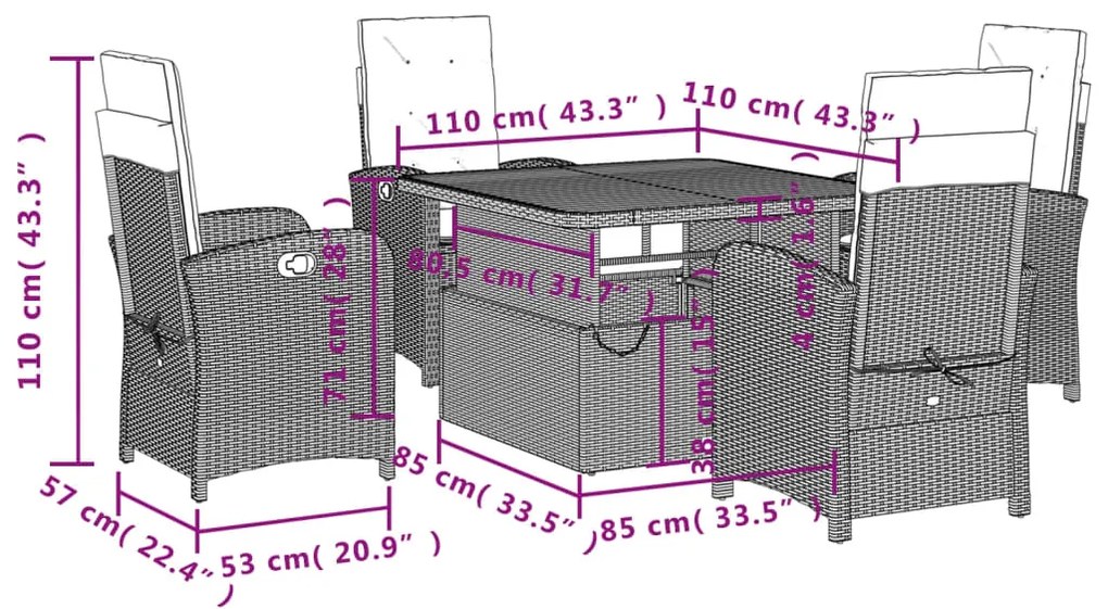 5 pcs conjunto de jantar p/ jardim com almofadões vime PE bege