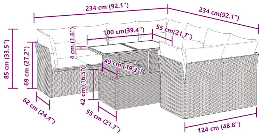 9 pcs conjunto sofás p/ jardim com almofadões vime PE cinzento