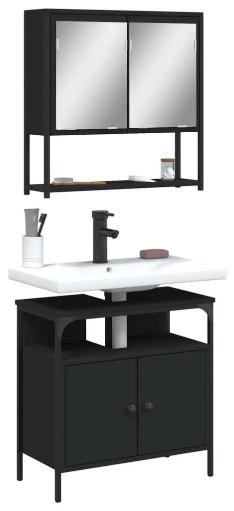 vidaXL 2 pcs conjunto móveis casa de banho derivados de madeira preto