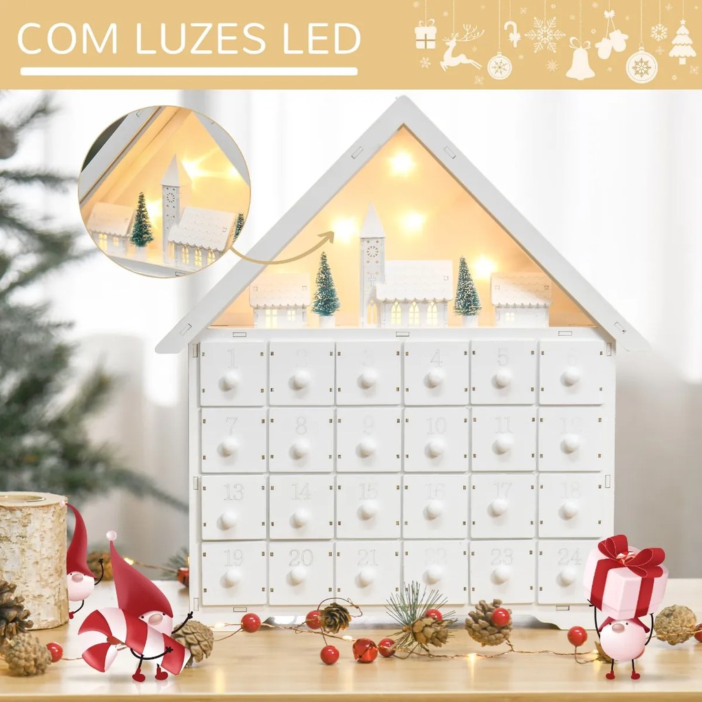 Calendário de Advento de Natal Madeira com 24 Gavetas e Luzes LED Decoração de Natal Modelo Casinha 39x9x42cm Branco