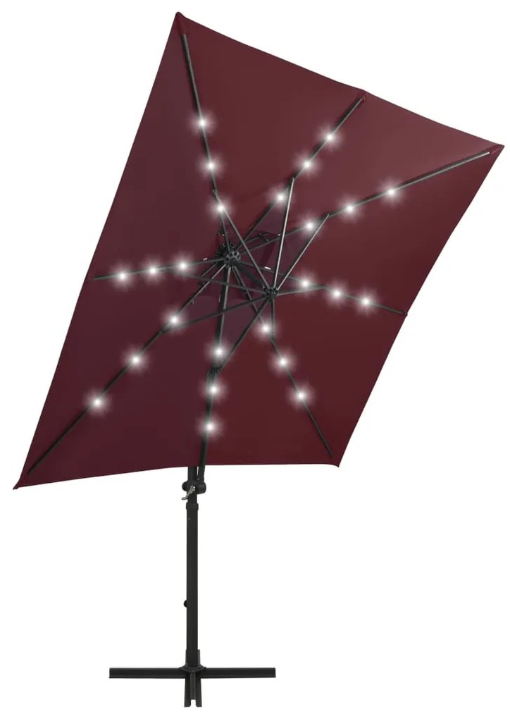 Guarda-sol de jardim com poste e luzes LED 250 cm bordô