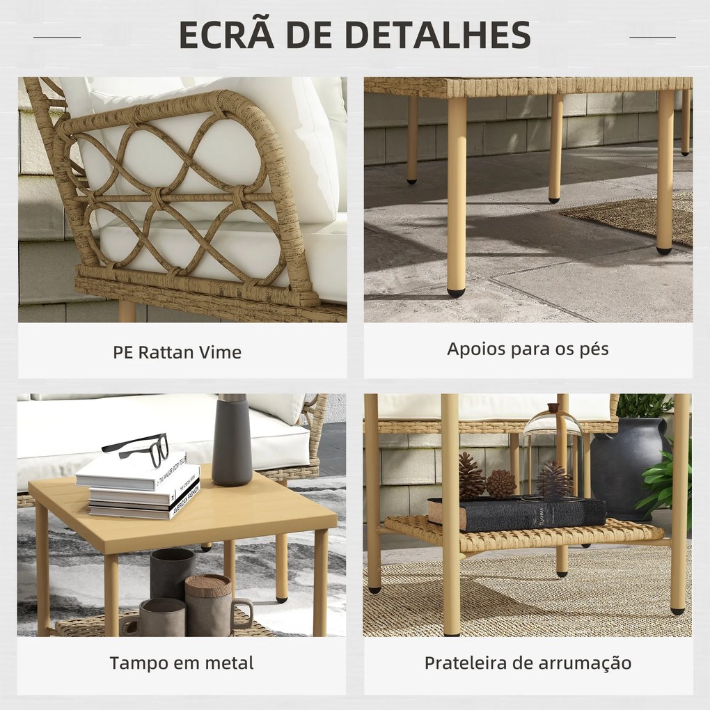 Conjunto de Jardim de 3 Peças em Vime Sintético com 1 Sofá de 2 Lugares 1 Sofá de Canto e 1 Mesa de Centro Natural e Creme