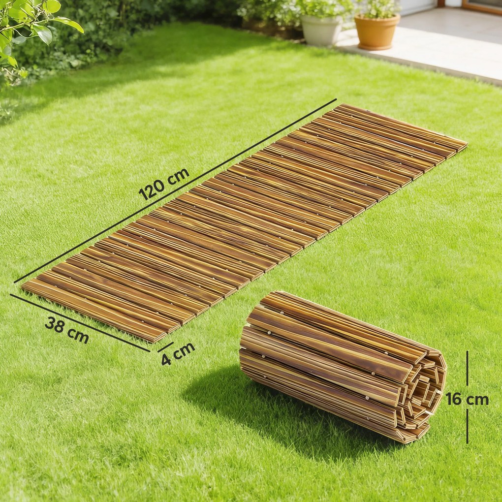Caminho de Ripas de Madeira Enrolável 120x38 cm Resistente às Intempéries, Decoração de Jardim para Praia e Festa - Acabamento Carbonizado