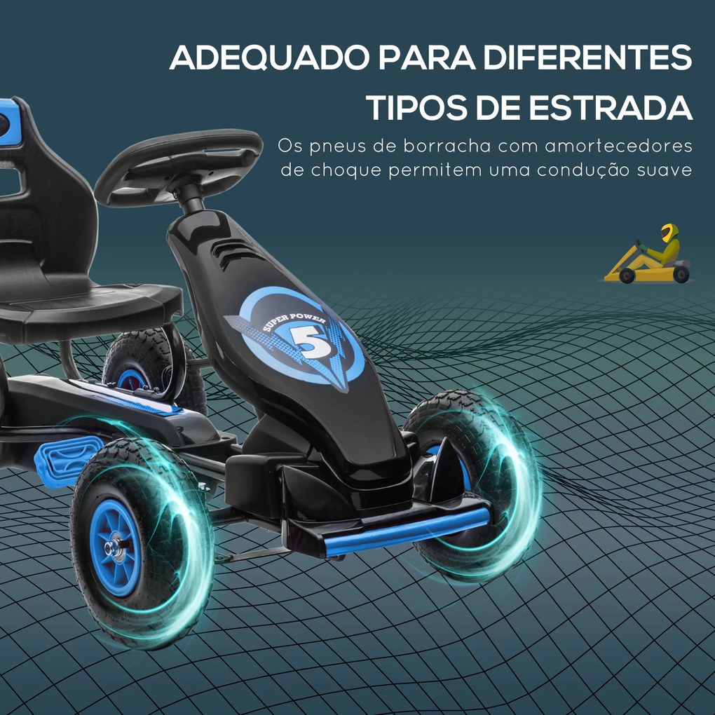HOMCOM Kart a Pedais para Crianças 5-12 Anos Kart a Pedais Infantil com Assento Ajustável Pneus Insufláveis Amortecimento e Travão de Mão Carga Máx. 50kg 121x58x61cm Azul