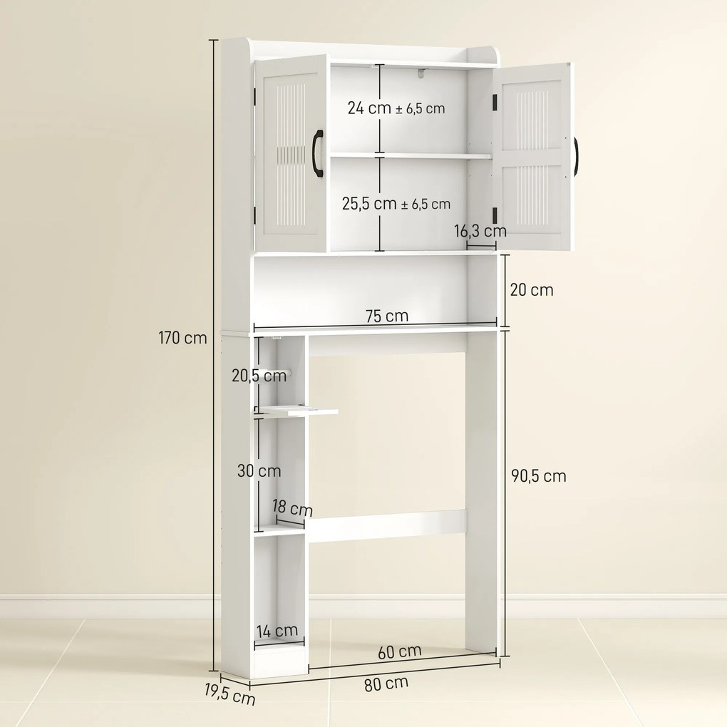 Armário sobre Sanita com Prateleira Ajustável 2 Portas Suporte para Papel Higiênico Armário para Máquina de Lavar 80x19,5x170 cm Branco