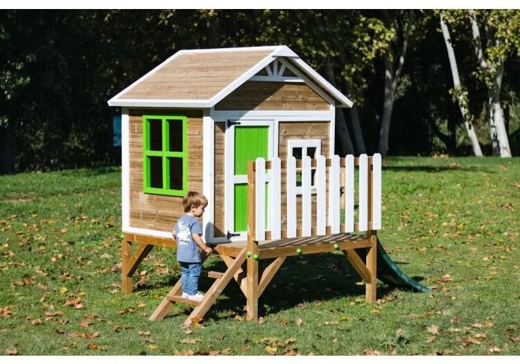 Casa de brincar para crianças  200 x 209,5 x 225,5 cm de madeira em painéis FLAM elevada 60 Com escorrega Rosa