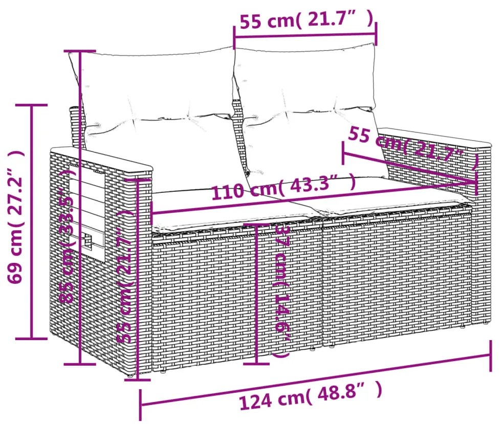 3 pcs conjunto de sofás p/ jardim com almofadões vime PE bege