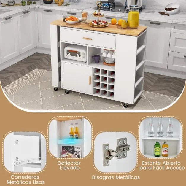 Carrinho de cozinha 2 em 1  com tampa de madeira Estante Suporte para garrafas Gaveta 120 x 40 x 100 cm Branco