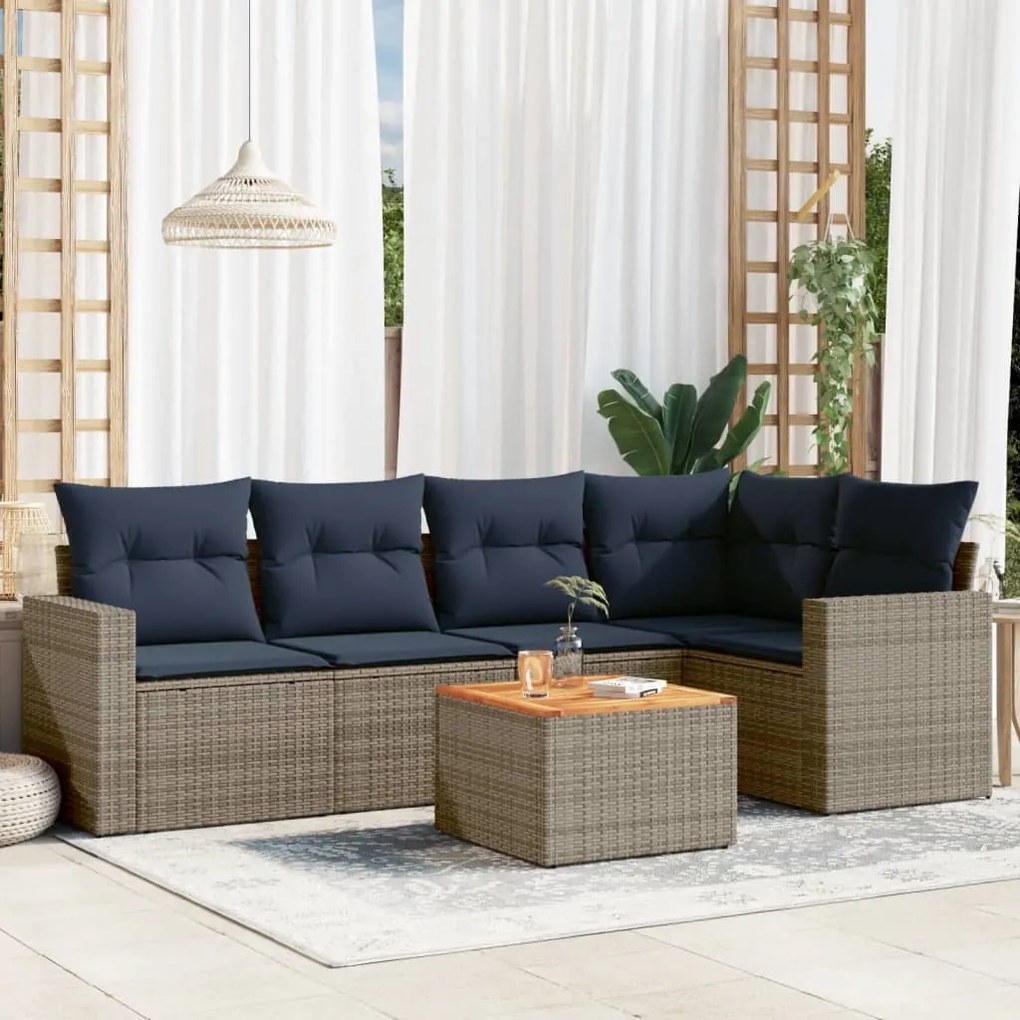 6 pcs conjunto sofás p/ jardim c/ almofadões vime PE cinzento
