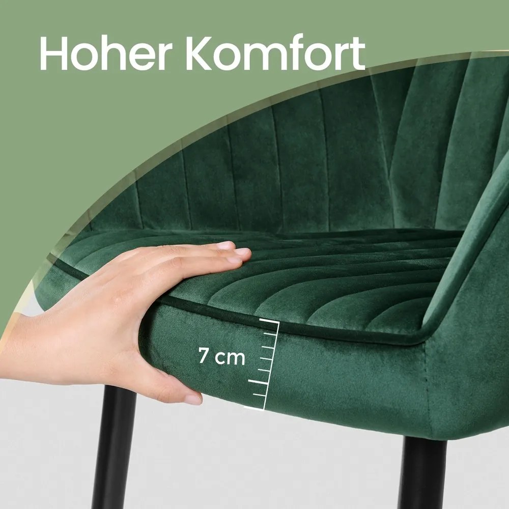 Cadeira de sala de jantar ou cozinha em veludo estofada com braços e pernas de metal verde-preto