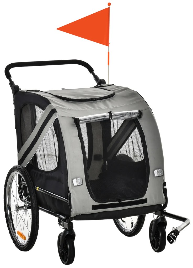 PawHut Reboque Bicicleta Cães 2 em 1 Transporte Animais Estimação Porta Enrolável Janelas Confortável 140x72,5x107,5cm Cinza | Aosom Portugal