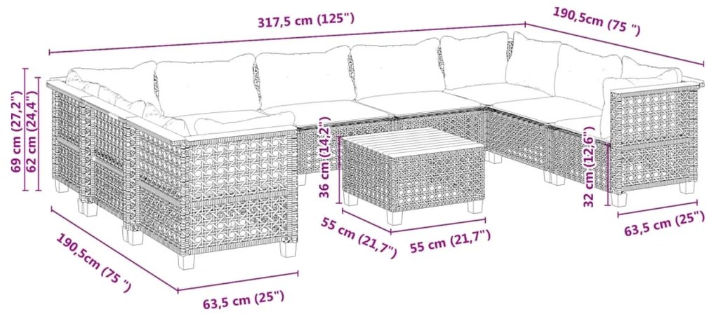 10 pcs conjunto sofás de jardim c/ almofadões vime PE preto