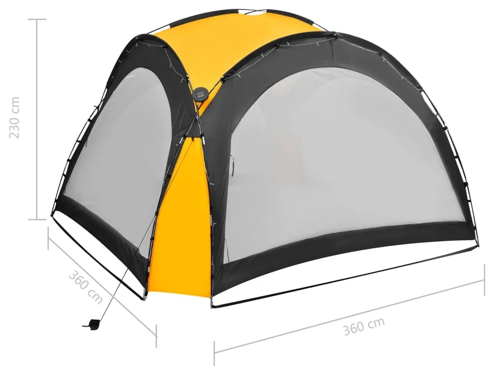 Tenda festas com LED e 4 paredes laterais 3,6x3,6x2,3 m amarelo