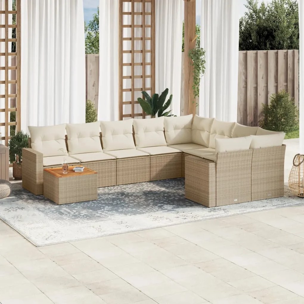 10 pcs conjunto de sofás p/ jardim com almofadões vime PE bege