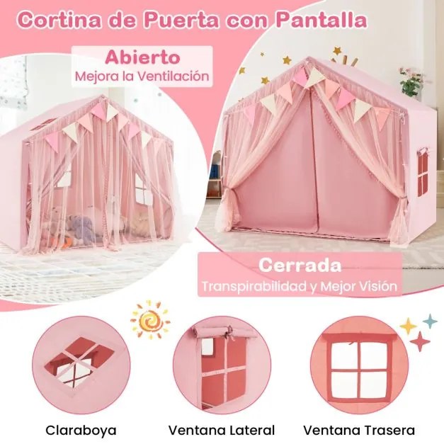 Tenda infantil com 2 cortinas de tecido e rede, luzes de estrelas, 2 janelas respiráveis e almofada de algodão rosa