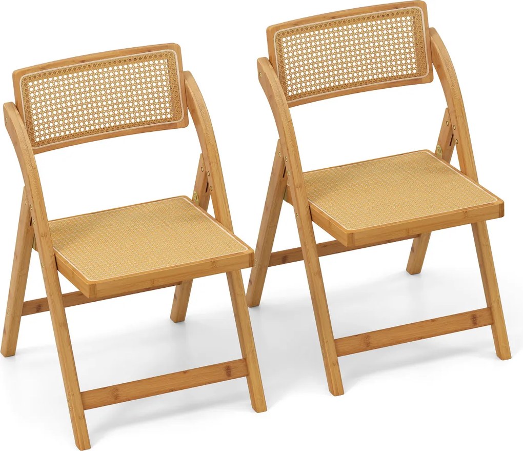 Conjunto de 2 cadeiras de jantar dobráveis em rattan de bambu com encosto giratório naturais