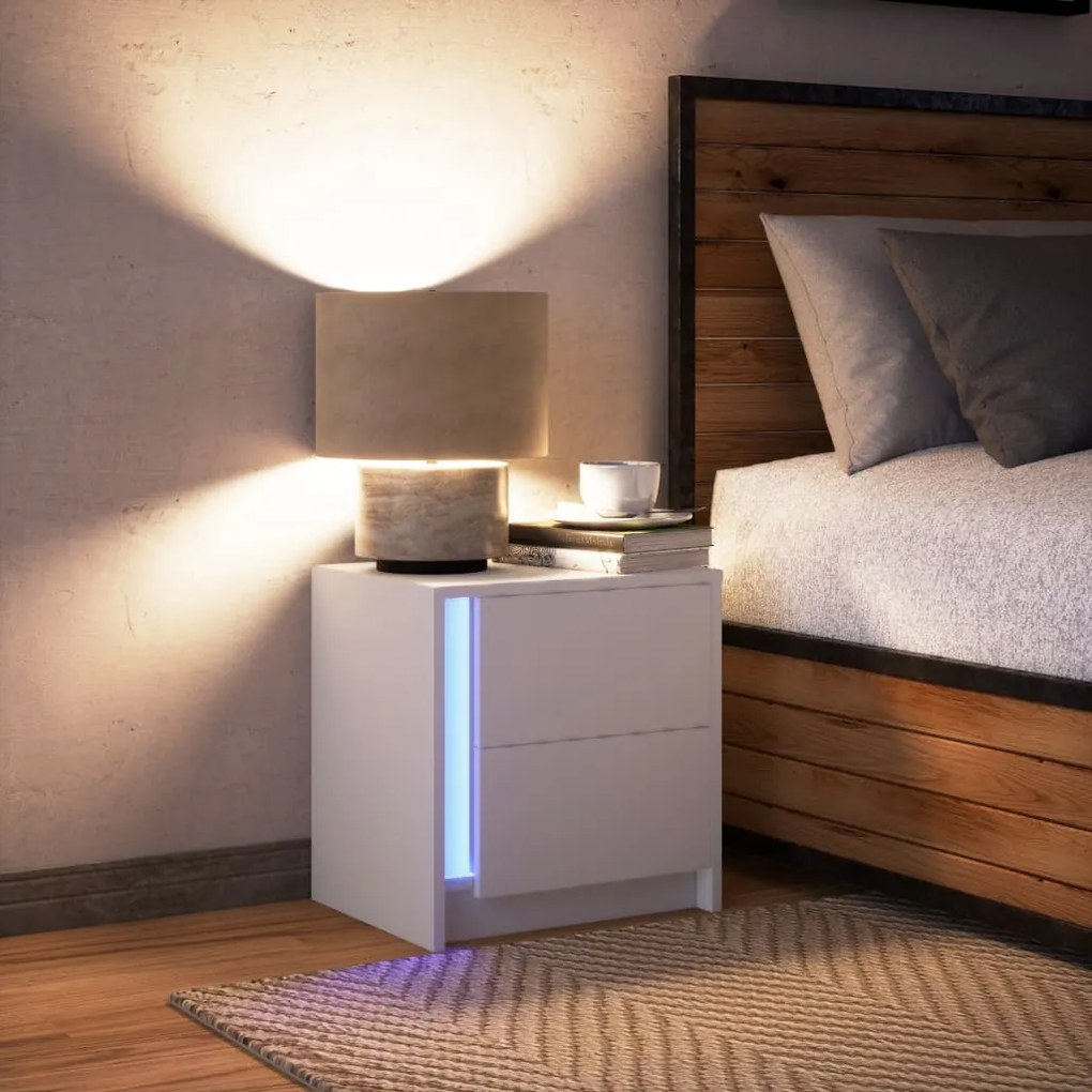 Mesa de cabeceira com luzes LED derivados de madeira branco