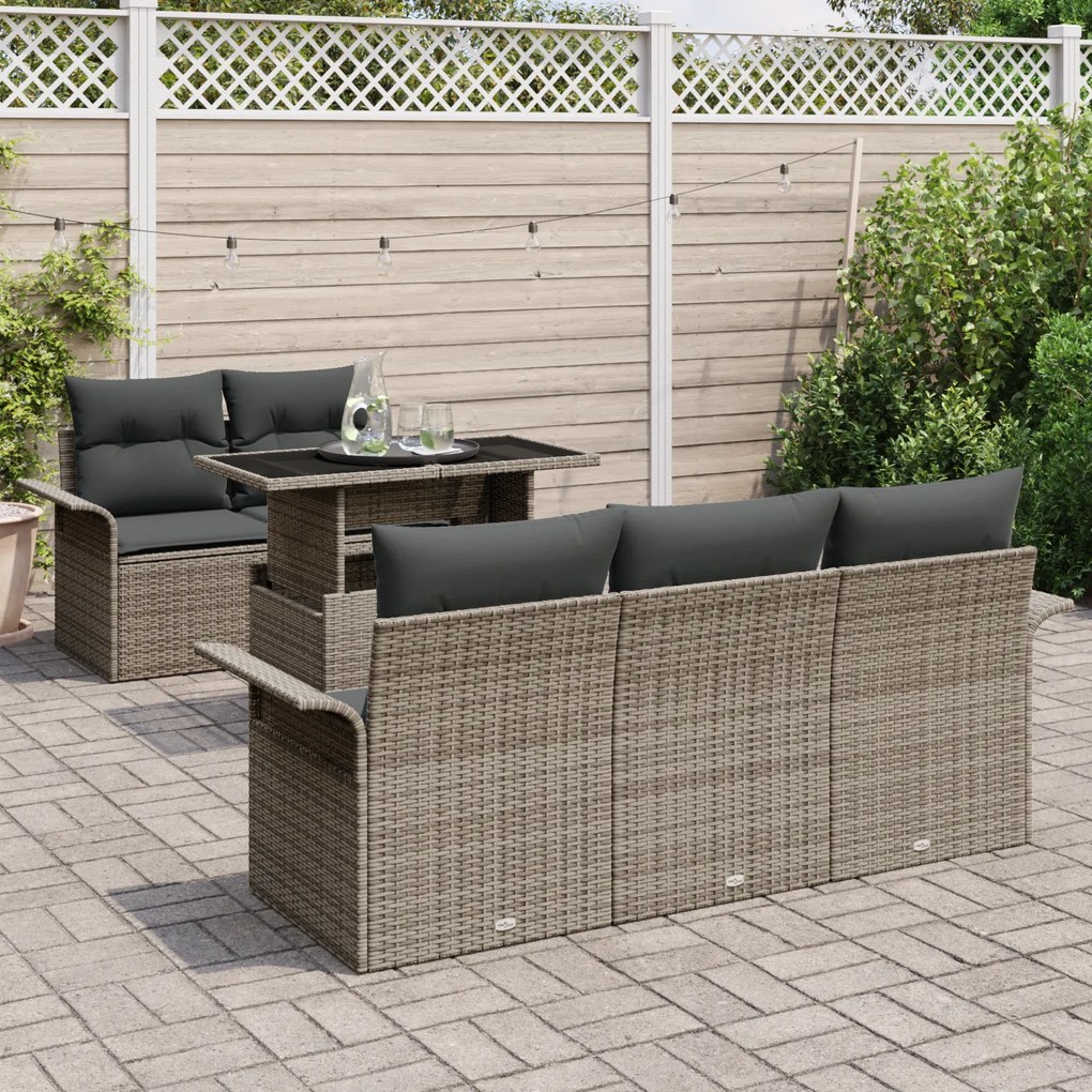 Conjunto de Sofá de Jardim de 6 Peças com Almofadas Cinzento Rattã
