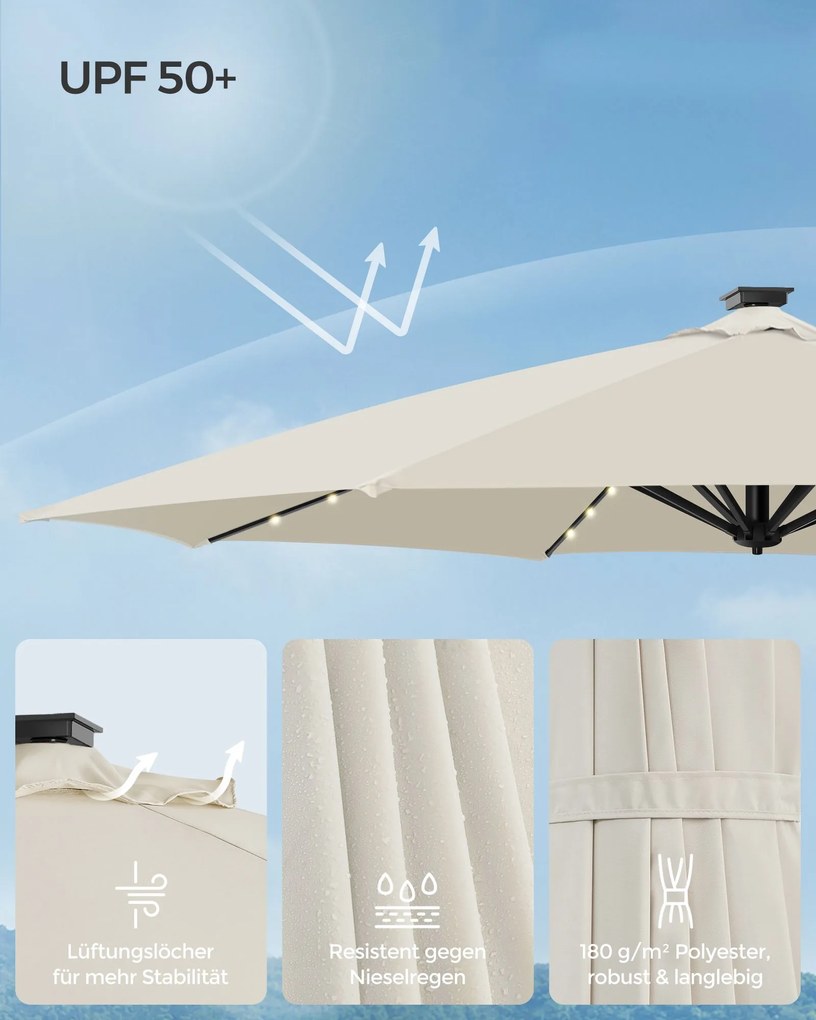 Guarda-sol jardim Ø 300 cm com luzes LED solares UPF 50+ rotativo 360º com base cruzada (SEM PESOS) branco creme