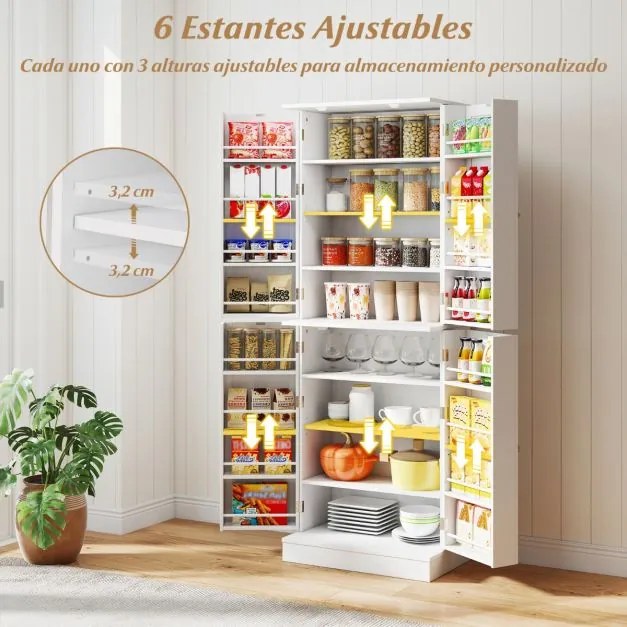 Armário de cozinha despensa 60 x 35 x 166,5 cm com 2 armários de 4 níveis, 16 prateleiras nas portas e 6 prateleiras ajustáveis para sala de jantar e