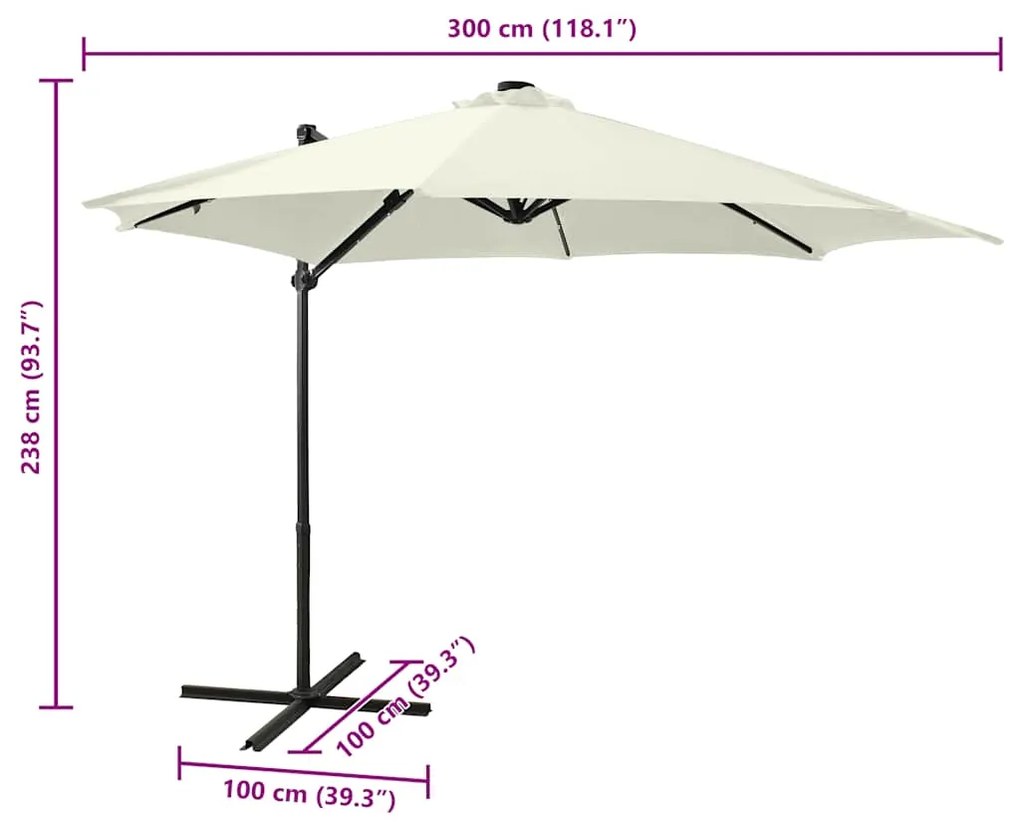 Guarda-sol jardim cantilever c/ poste e luzes LED 300 cm areia