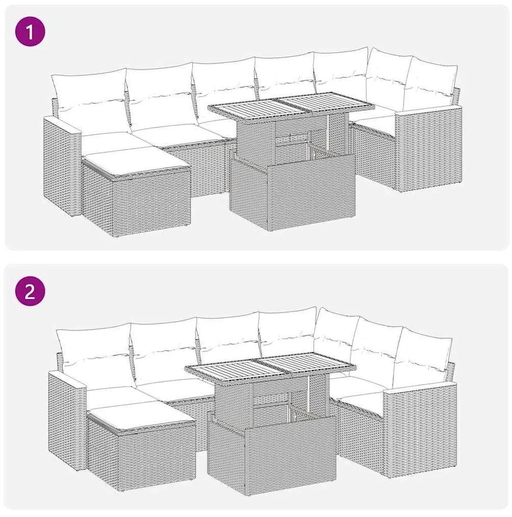 8 pcs conjunto sofás jardim almofadões vime PE/acácia cinzento