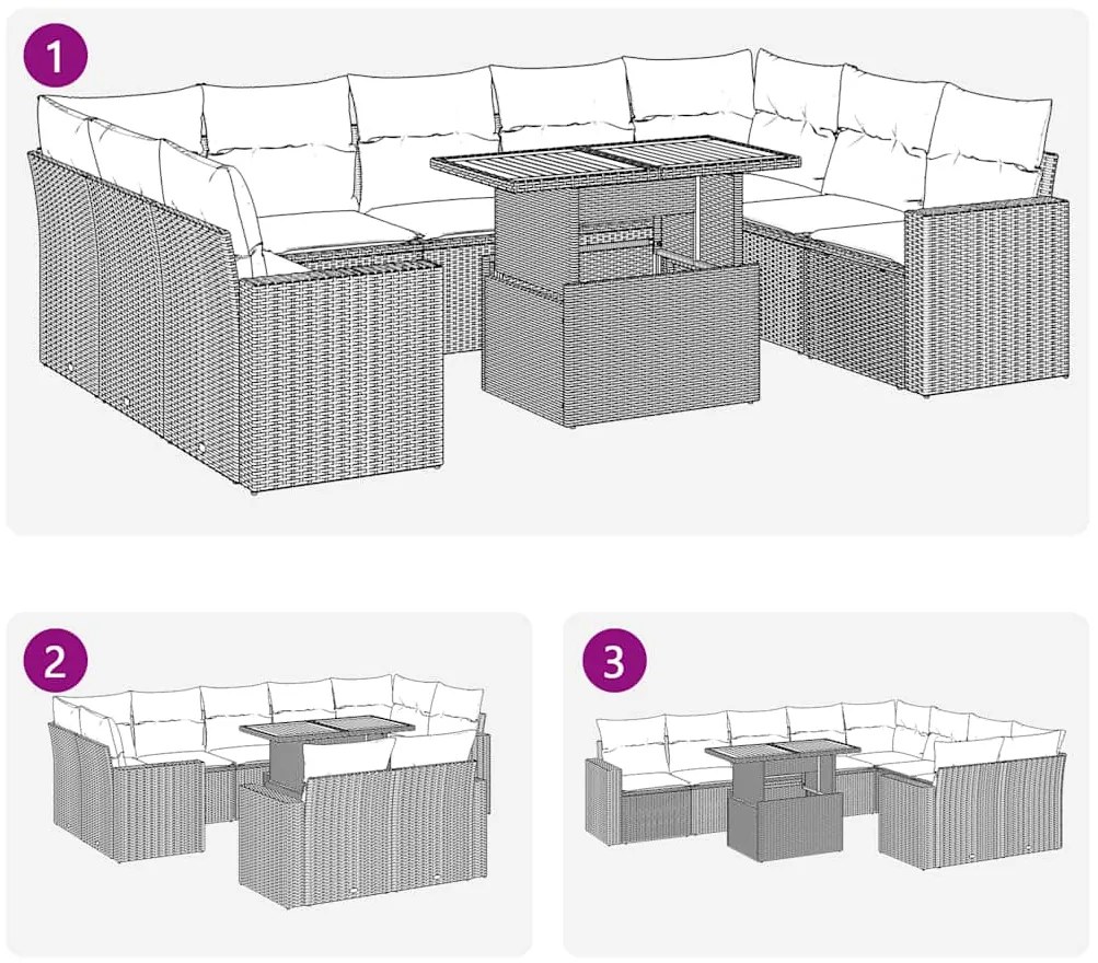 10 pcs conjunto sofás de jardim c/ almofadões vime PE preto