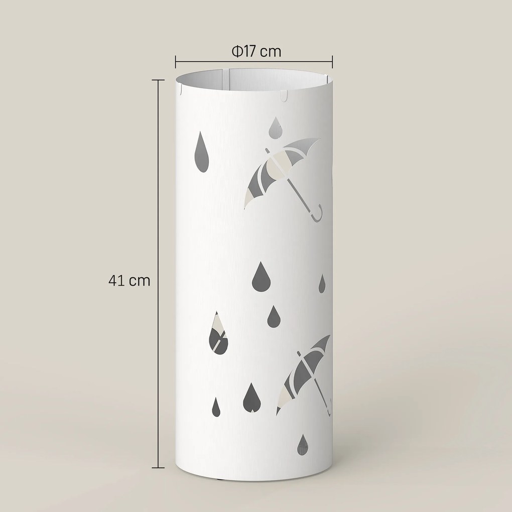 Suporte guarda-chuvas cilíndrico Ø 17 x 41 cm com suporte para guarda-chuvas, tabuleiro de gotejamento amovível e 4 ganchos, , branco