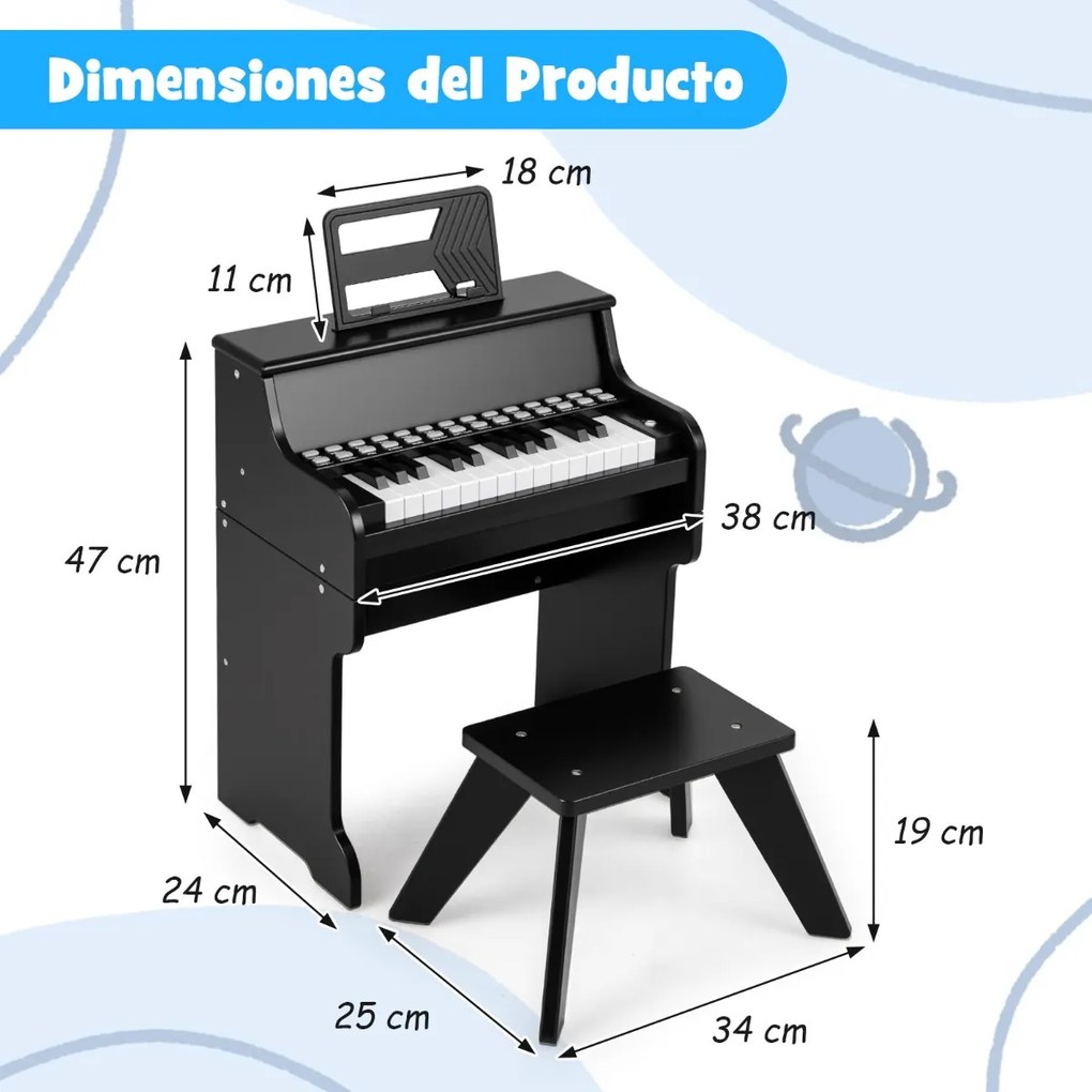 Piano de brincar com 25 teclas para crianças 38 x 24 x 47 cm, com banco e suporte, velocidade e volume ajustáveis, modo de aprendizagem, design em mad